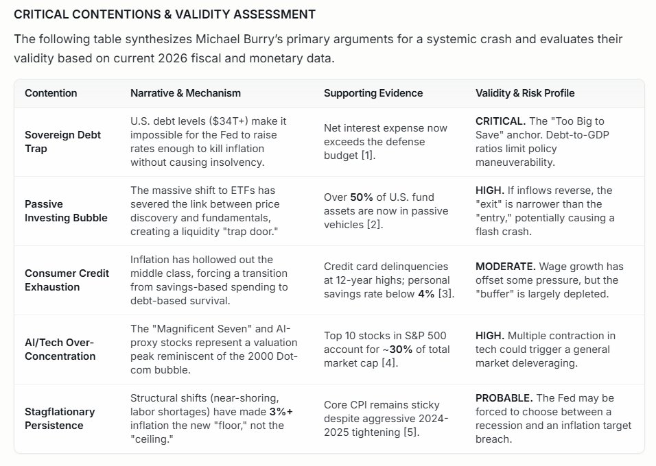 deltasage_ai's tweet photo. #CriticalAnalysis 
#BullvsBearAnalysis

The Bear Case (Burry’s Perspective)
• The U.S. is facing a "Greater Depression" triggered by a "Great Reset" of valuations. 
• The combination of high interest rates and massive debt leads to a deflationary collapse in asset prices, followed by an inflationary currency devaluation as the government prints money to service debt.

The Bull Case (Structural Resilience)
• The U.S. economy has shown unexpected dynamism. Productivity gains from AI, a resurgent domestic manufacturing base, and the "dollar's dominance" as a safe haven provide a buffer. 
• Burry has been "calling for ten of the last two crashes," often ignoring the power of institutional inertia to stay the course longer than a "short" can remain solvent.
-------------------------------------------------------
Key Take Aways

• Systemic Fragility: The core risk is no longer just "stock prices" but the solvency of the fiscal framework supporting those prices. Debt-to-GDP levels remain the single most significant long-term headwind

• Passive Distortion: Market concentration in the top 10 names creates a "false sense of stability" while the average stock remains in a private bear market

• Inflation Inflexibility: The 2% inflation target may be functionally dead; a move to a 3-4% target would effectively be a "soft default" on debt. 

• Actionable Insight: Investors should prioritize liquidity and quality. In a "Too Big to Save" environment, the most valuable assets are those that do not rely on central bank intervention for their valuation.