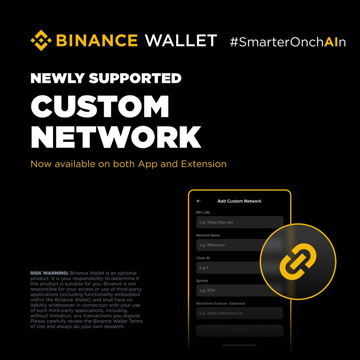 Binance Wallet Custom Network is now fully live! ✓ Supported on both App &  Extension ✓ Add any EVM-compatible network anytime ✓ Get early access to  new chain airdrops & testnet tasks
