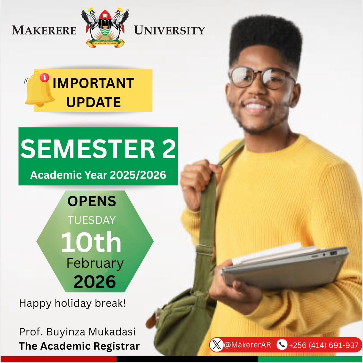 DICTSMakerere's tweet photo. #ReportingDate 10th February, 2026
All students:
Take note of this communication from @MakerereAR https://t.co/efs1hN2vpz