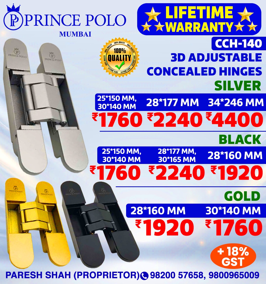 clue_hardware's tweet image. Upgrade your doors with PRINCE POLO 3D Adjustable Concealed Hinges ✨
Premium finish, smooth performance &amp;amp; lifetime warranty — perfect for modern interiors.
📞 Contact:
Paresh Shah (Proprietor)
📱 98200 57658 | 9800965009

📍 Prince Polo, Mumbai
#PrincePolo #ConcealedHinges