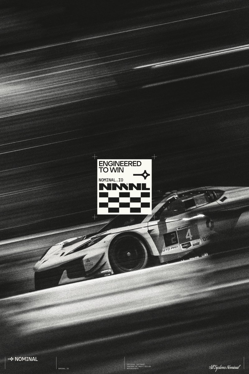Nominal_io's tweet photo. .@PrattMillerMS is America's most successful sports car racing team. 129 wins. 9 Le Mans victories. 16 team championships. A winning tradition built on engineering excellence.

Last season they swept the IMSA GTD Pro championship: driver, team, manufacturer.

This season they're running Nominal.

A race weekend generates terabytes of telemetry. Thousands of real-time decisions. Engineers coordinating across time zones, shifts, and systems. Nominal gives Pratt Miller one platform for testing, telemetry, and race operations.

Nominal is becoming the data backbone for their racing operation, from the shop to the track. Instrumentation management, wind tunnel testing, driver simulation, race day telemetry. Thousands of sensor channels and terabytes of data, all flowing through one connected platform so their engineers can make decisions in seconds instead of hours.

Pratt Miller x Nominal. Engineered to win.