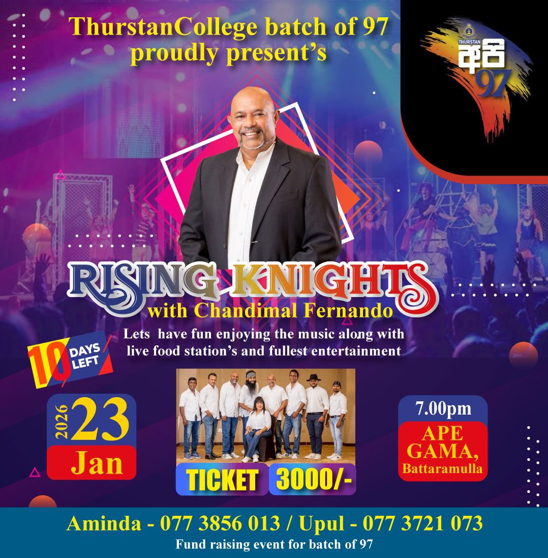 UpulTR's tweet photo. Rising Knights musical show with Chandimal Fernando on 23 January 2026, 7pm onwards at #ApeGama #Battaramulla 

To reserve your tickets/more info, please contact:
Aminda 077 3856 013 or 
Upul 077 3721 073

#FundRaiser
#ThurstanCollege
#SriLanka https://t.co/2hbiXhYk3k