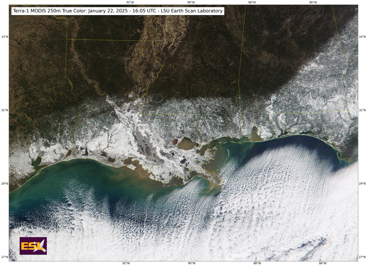EarthScanLab's tweet photo. One year ago today, skies cleared across Louisiana and the Gulf Coast, allowing ESL’s MODIS true-color product to capture the aftermath of a rare and historic winter snowfall across the region. @LSU_CCE
#MODIS #LouisanaSnow https://t.co/x2mTuw0jtv