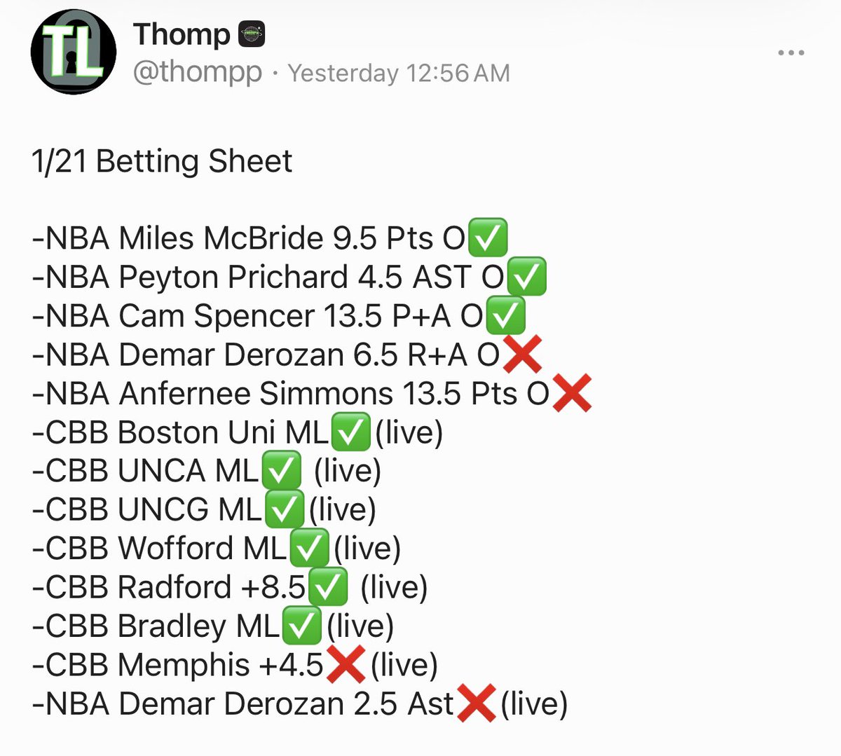 Thompsonn2k's tweet photo. 💥1/21 #NBA Recap💥
BANGGG

Twitter: 3-1 (75%)
VIP: 9-4 (69%)

+$1223

What a day🤑 https://t.co/bASaIY8VaG