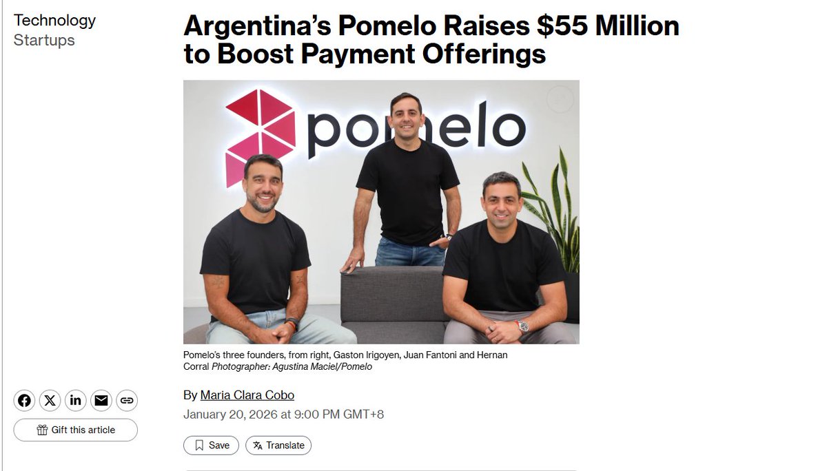 阿根廷金融科技公司Pomelo完成5500万美元C轮融资，Kaszek等领投阿根廷金融科技企业Pomelo 宣布完成5500 万美元C 轮融资。  本轮融资由Kaszek 与