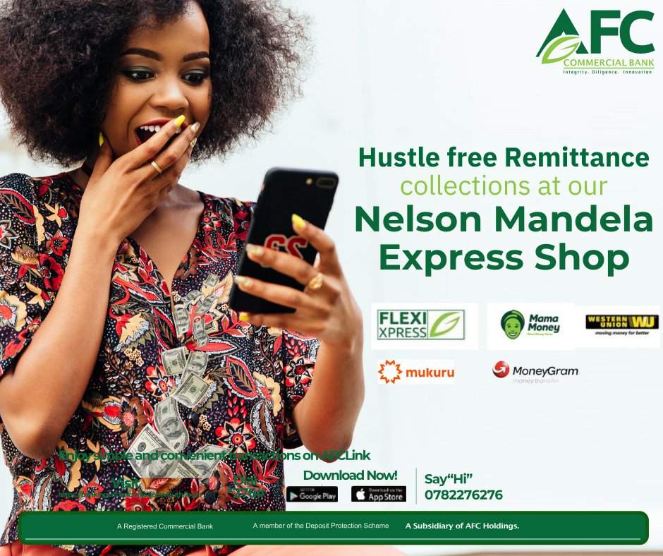 We know your time is valuable. That’s why we offer hustle-free remittance collections at our Nelson Mandela Express Shop. It's the simplest way to grab your cash and get on with your day!

Zero stress, maximum convenience that's the AFC way.
#AFCCommercialBank #HustleFree