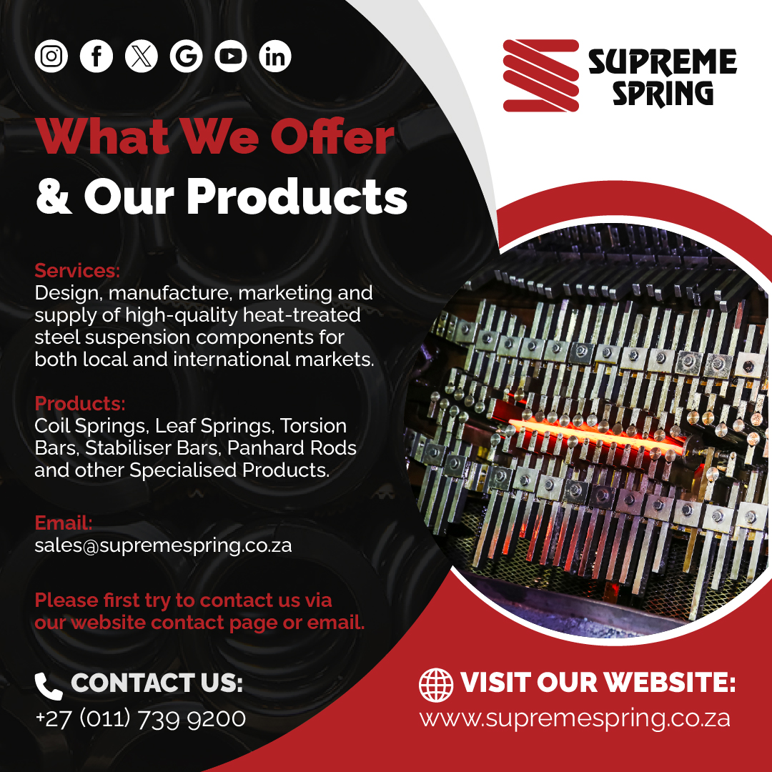 Supreme_Spring's tweet photo. Driving Automotive Excellence!

Supreme Spring is a leading South African manufacturer of suspension springs, trusted by global vehicle brands for precision engineering, quality and reliability.

https://t.co/rBw9K8I2an

#SupremeSpring #AutomotiveEngineering #SuspensionSystems https://t.co/fG3bYRI3t2