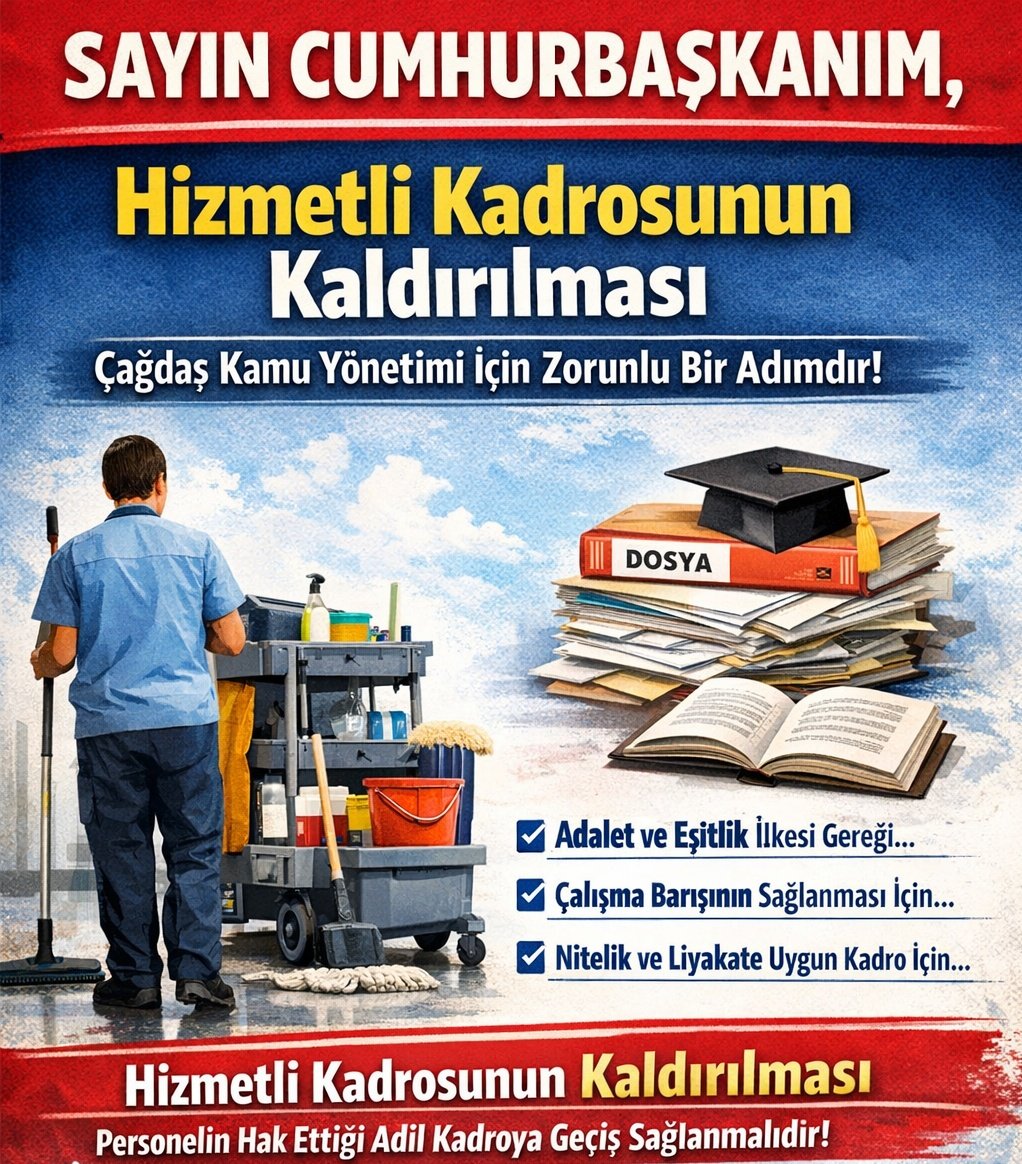 Sayın Cumhurbaşkanım,
<a href="/RTErdogan/">Recep Tayyip Erdoğan</a>

Kamu kurumlarının işleyişinde önemli bir görev üstlenen hizmetli kadrosunda çalışan personel, uzun yıllardır temizlik, düzen, evrak ve lojistik destek gibi alanlarda kurumların sürekliliğine katkı sunmaktadır. Ancak günümüz kamu yönetimi