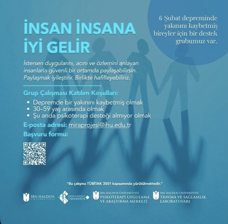 MIRA Projesi, TÜBİTAK 3501 kapsamında İbn Haldun Üniversitesi bünyesinde;
6 Şubat depreminde yakınını kaybetmiş 30–59 yaş arası bireyler için travmatik yasa yönelik psikolojik grup destek programları yürütmektedir.
📌 Başvuru:
🔗 ibnhu.qualtrics.com/jfe/form/SV_6y…