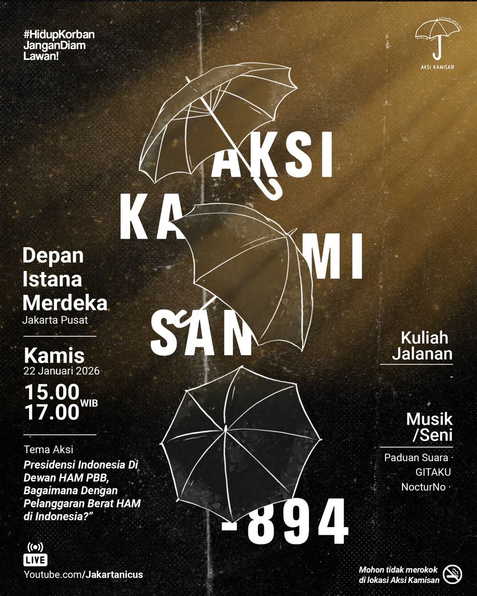 Hari ini tg.22/1/26 <a href="/AksiKamisan/">Aksi Kamisan</a> diJakarta jam 3-5sore diDpn IstnPrsdn
Kbradaan Presidensi Indonesia diPBB jngn djadikn pijakan impunitas simbolis. Hambatan utama pnylesaian planggarn beratHAM tletak pd ktdkbranian PnegakHukum.
<a href="/dipanggilwawan/">#SayaWawan | BR Norma Irmawan</a> krbn Semanggi I