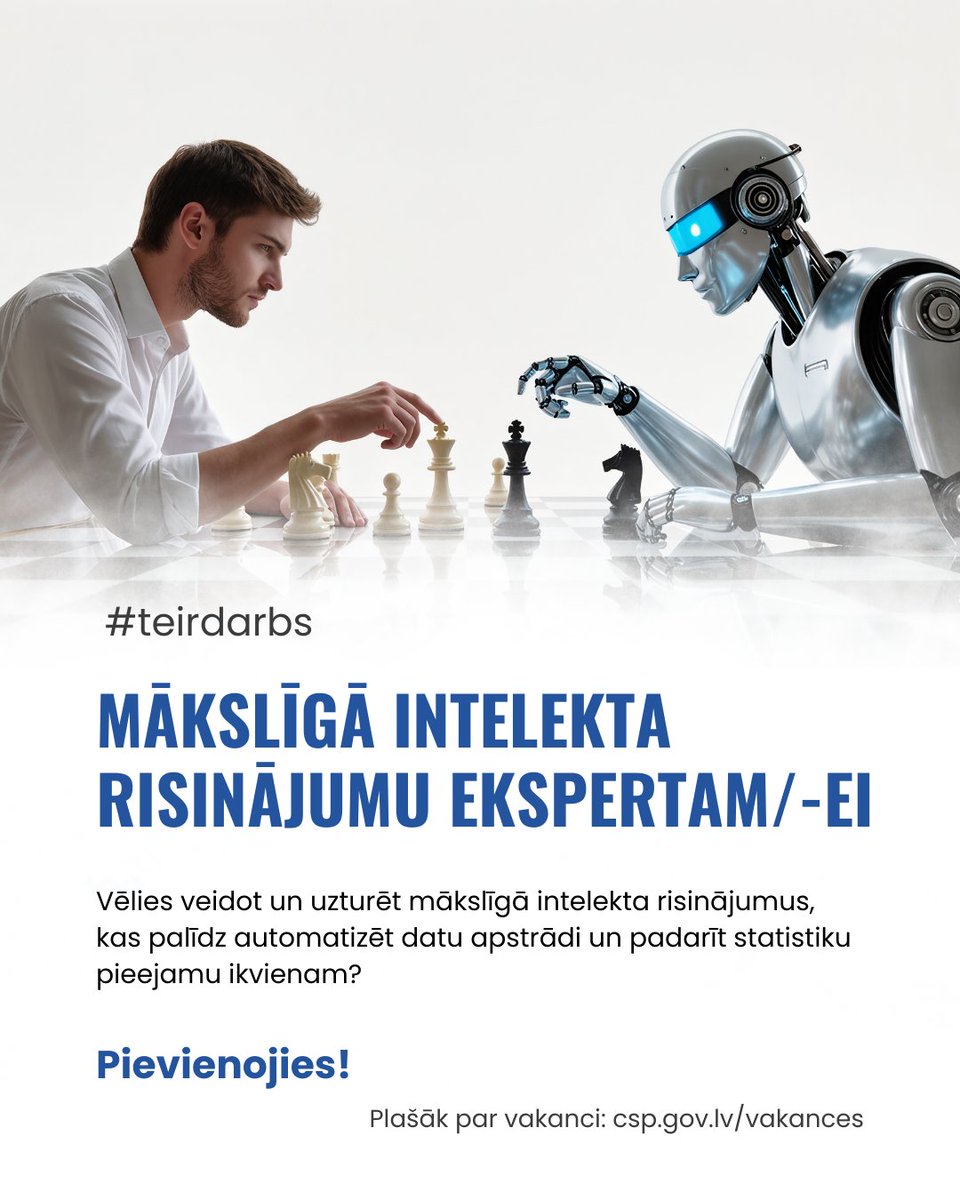 #Teirdarbs Mākslīgā intelekta (MI) risinājumu ekspertam/-ei!

🔎Vai Tevi aizrauj mākslīgais intelekts, datu automatizācija un jēgpilni digitāli risinājumi? Tad šī ir iespēja tieši Tev!

ℹ️Vairāk par vakanci: csp.gov.lv/lv/vakance/inf…