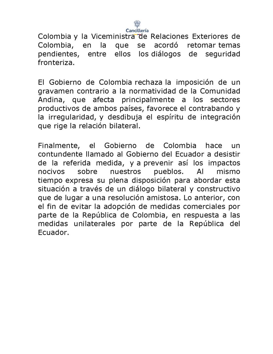 Comunicado de Prensa - Gobierno de Colombia rechaza la imposición de una tasa de seguridad a las importaciones por parte del Ecuador.