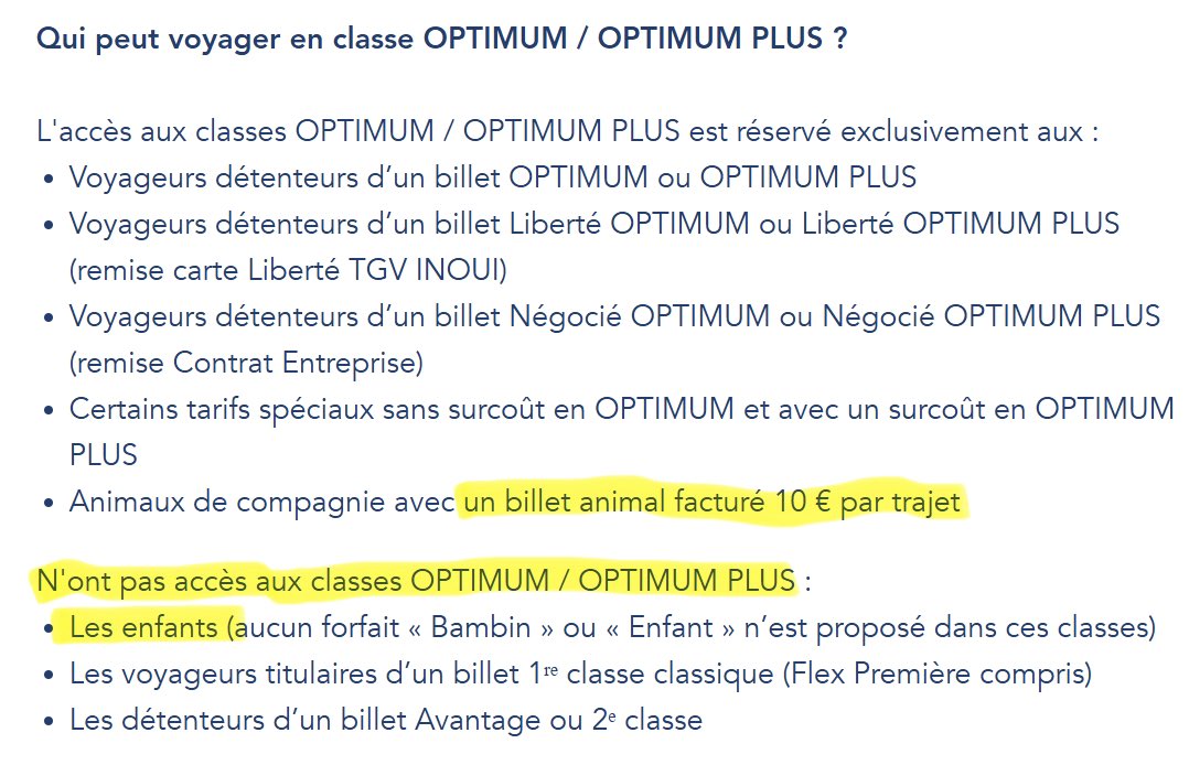 Dans la nouvelle classe « OPTIMUM » de la <a href="/SNCFVoyageurs/">SNCF Voyageurs</a>, les enfants sont donc interdits pour le confort des autres passagers mais on peut bien sûr voyager avec son chien. Quelle époque !