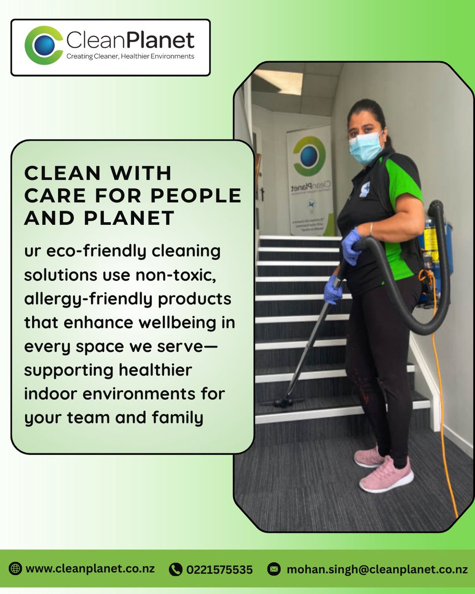 cleanplanetwell's tweet image. At Clean Planet Wellington, we believe true cleanliness goes beyond shine. Our eco-friendly cleaning methods protect your team’s health while reducing environmental impact, creating safer, greener spaces every day.

#CleanWithCare #PeopleAndPlanet #CleanPlanetWellington