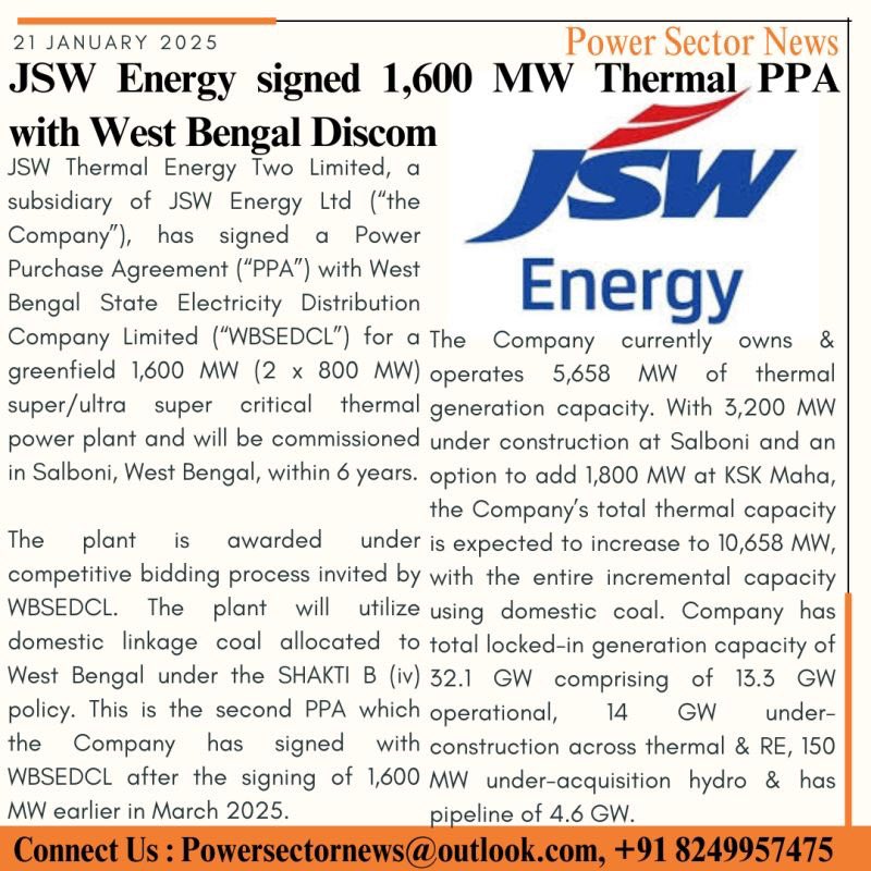 JSW Energy signed 1,600 MW Thermal PPA with West Bengal Discom. #Thermalpower #powergeneration #powersector #JSWEnergy