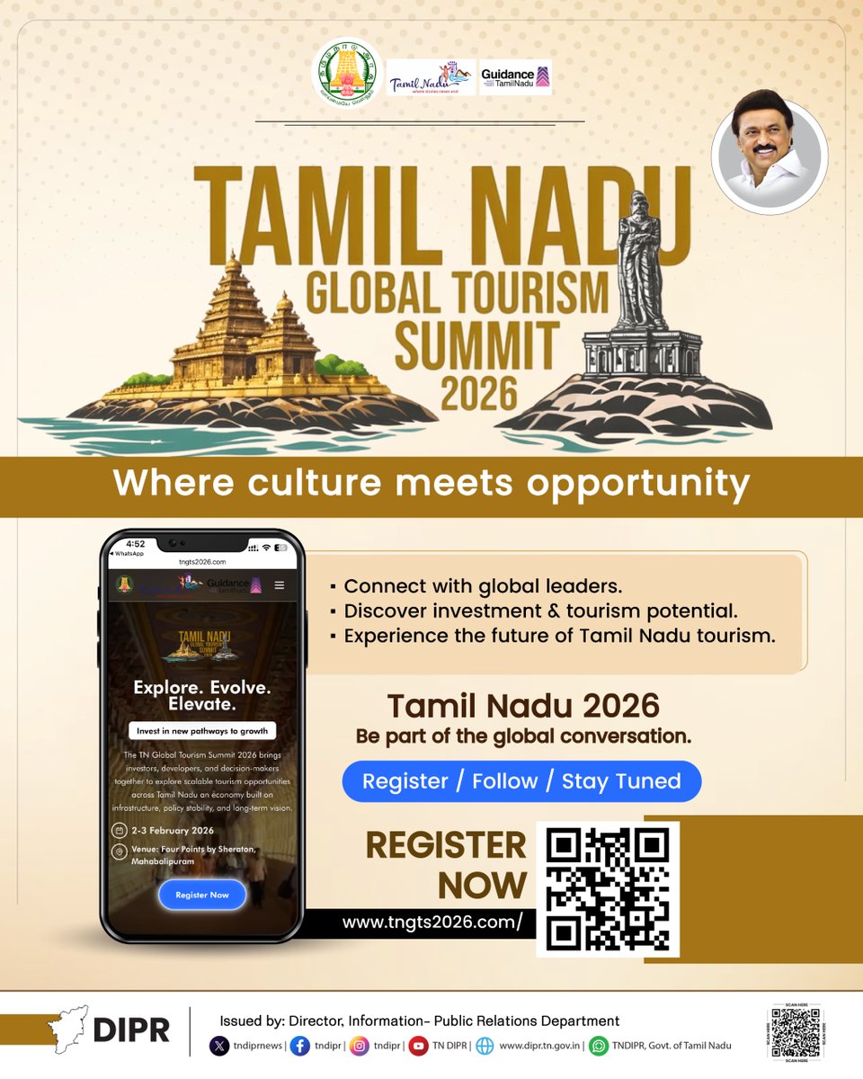 Tamil Nadu invites the world to the Tamil Nadu Global Tourism Summit 2026 Visit the Summit, which brings together global leaders, investors, policymakers, and tourism stakeholders to explore new pathways for sustainable