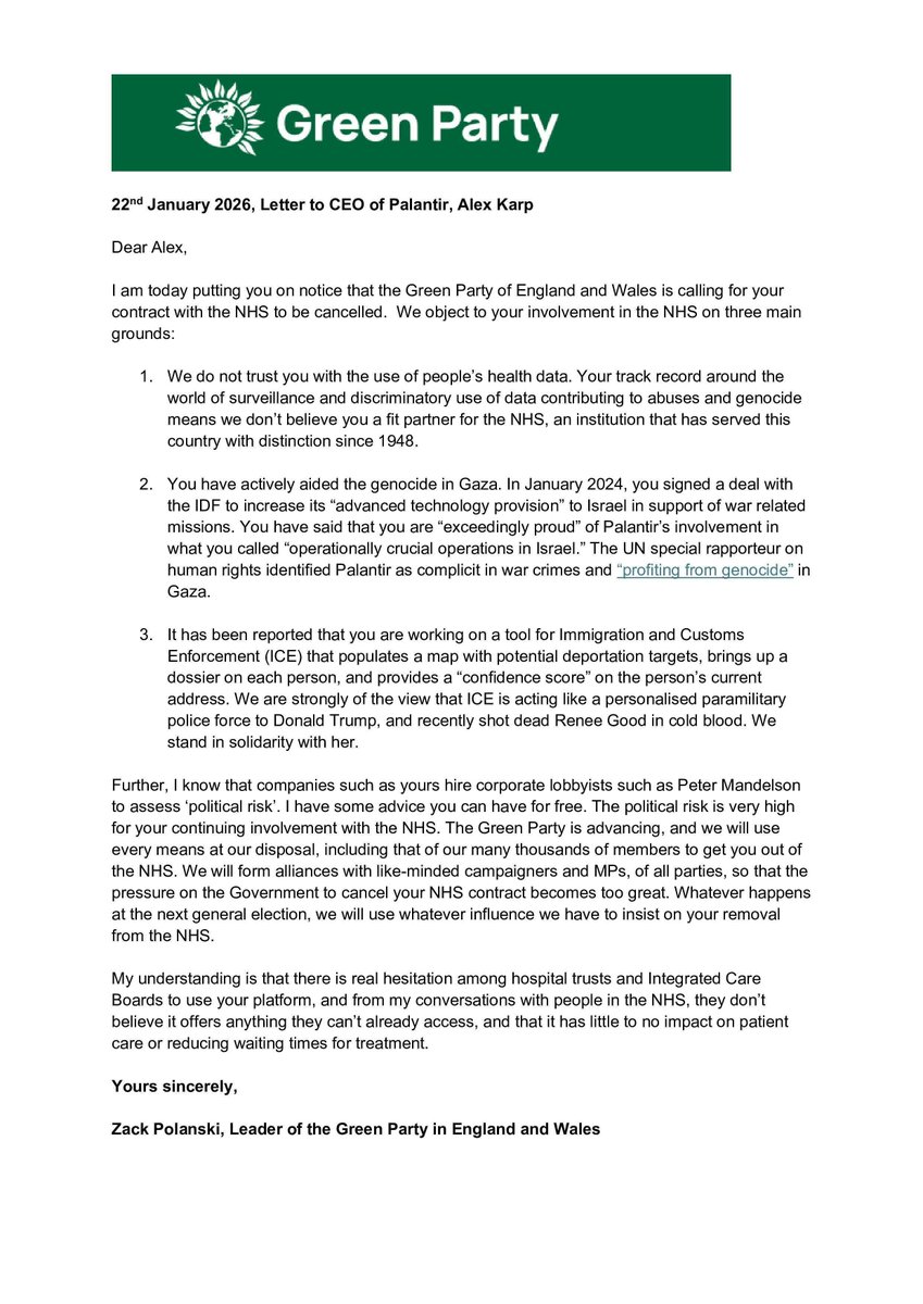 TheGreenParty's tweet image. Palantir is a military corporation profiting from genocide and emboldening surveillance of civilians by abusive police forces.

@ZackPolanski delivered a letter today to Palantir CEO Alex Karp demanding the end of its contract with the NHS. 

Get Palantir out of our NHS- now.