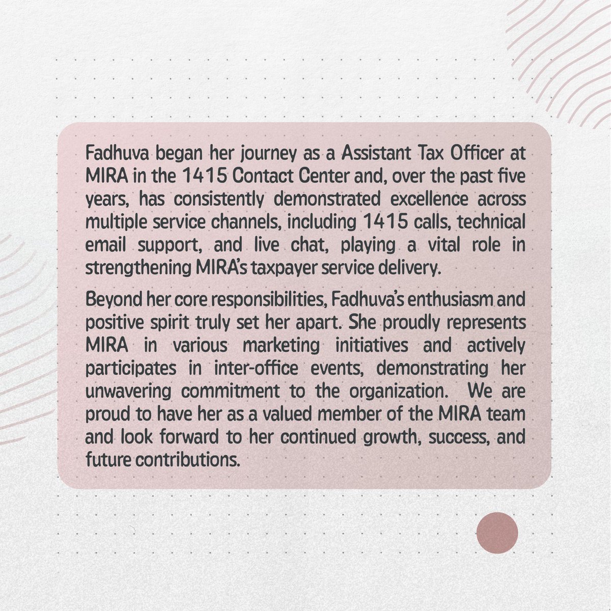 Proud to celebrate Fadhuva, who began her journey in the 1415 Contact Center and has spent the past five years delivering excellence across calls, email support and live chat. Her positivity, dedication and active role in MIRA initiatives truly set her apart. 👏
#essenceofmira