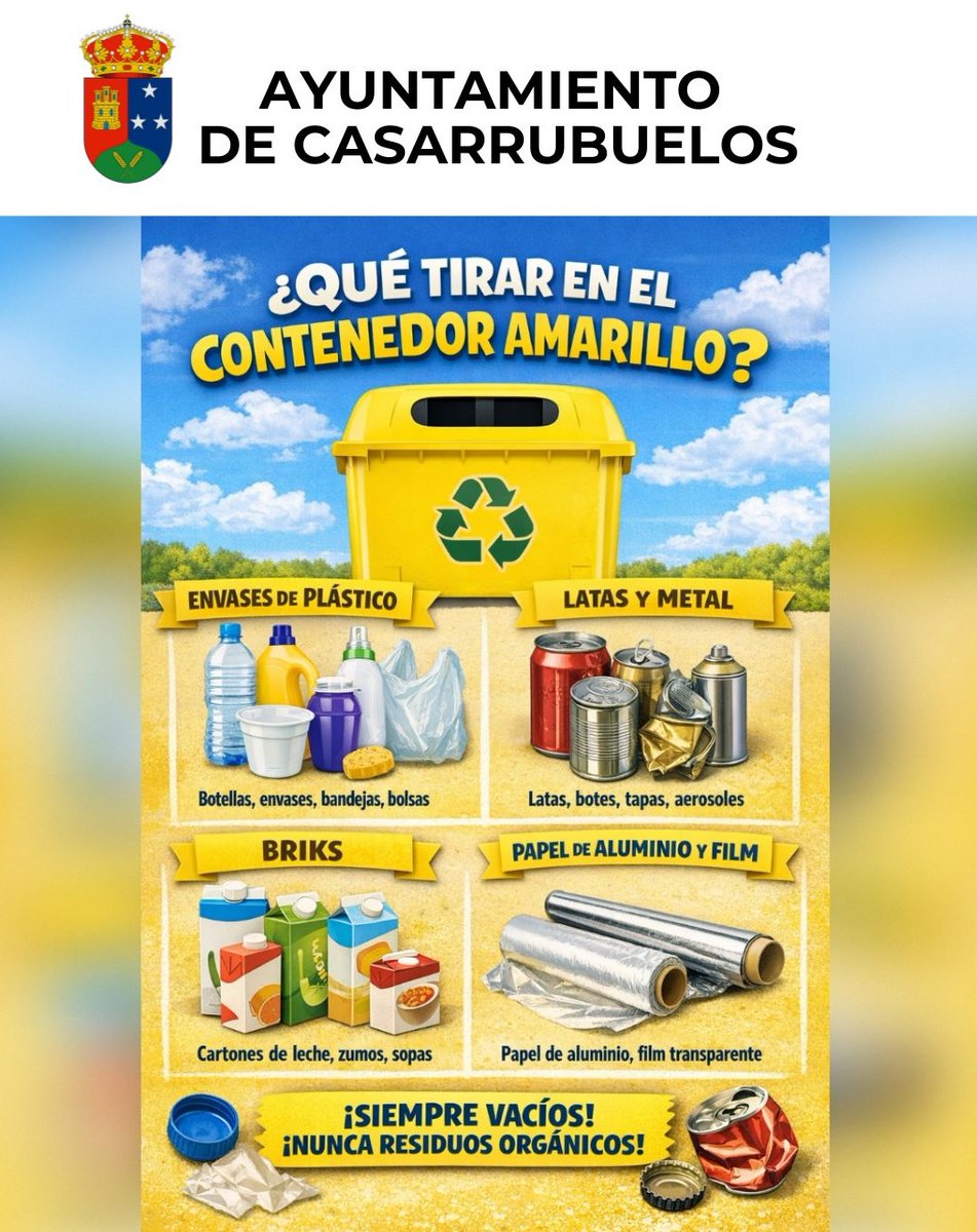 ♻️Reciclar bien empieza en casa. Separar correctamente los residuos y depositarlos en el contenedor adecuado es fundamental para cuidar el medio ambiente. Y tú, ¿sabes qué depositar en cada contenedor? Recuerda en el contenedor AMARILLO = envases, NO todos los plásticos #reciclar