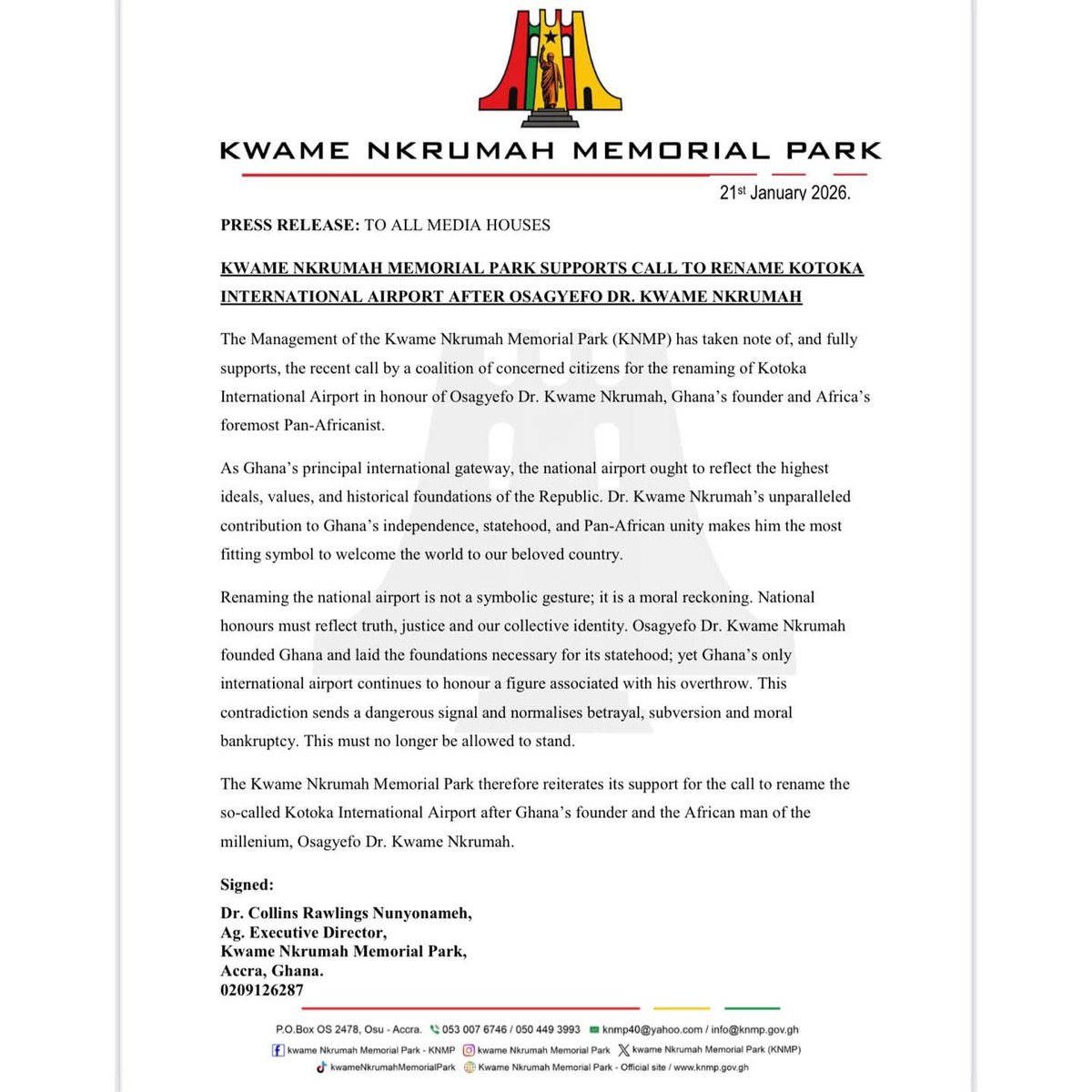 _GhChronicles's tweet image. 🚨 JUST IN: The Kwame Nkrumah Memorial Park has thrown its full support behind calls to rename Kotoka International Airport after Osagyefo Dr. Kwame Nkrumah, arguing that Ghana’s main international gateway should honour the nation’s founder and Pan-African icon rather than