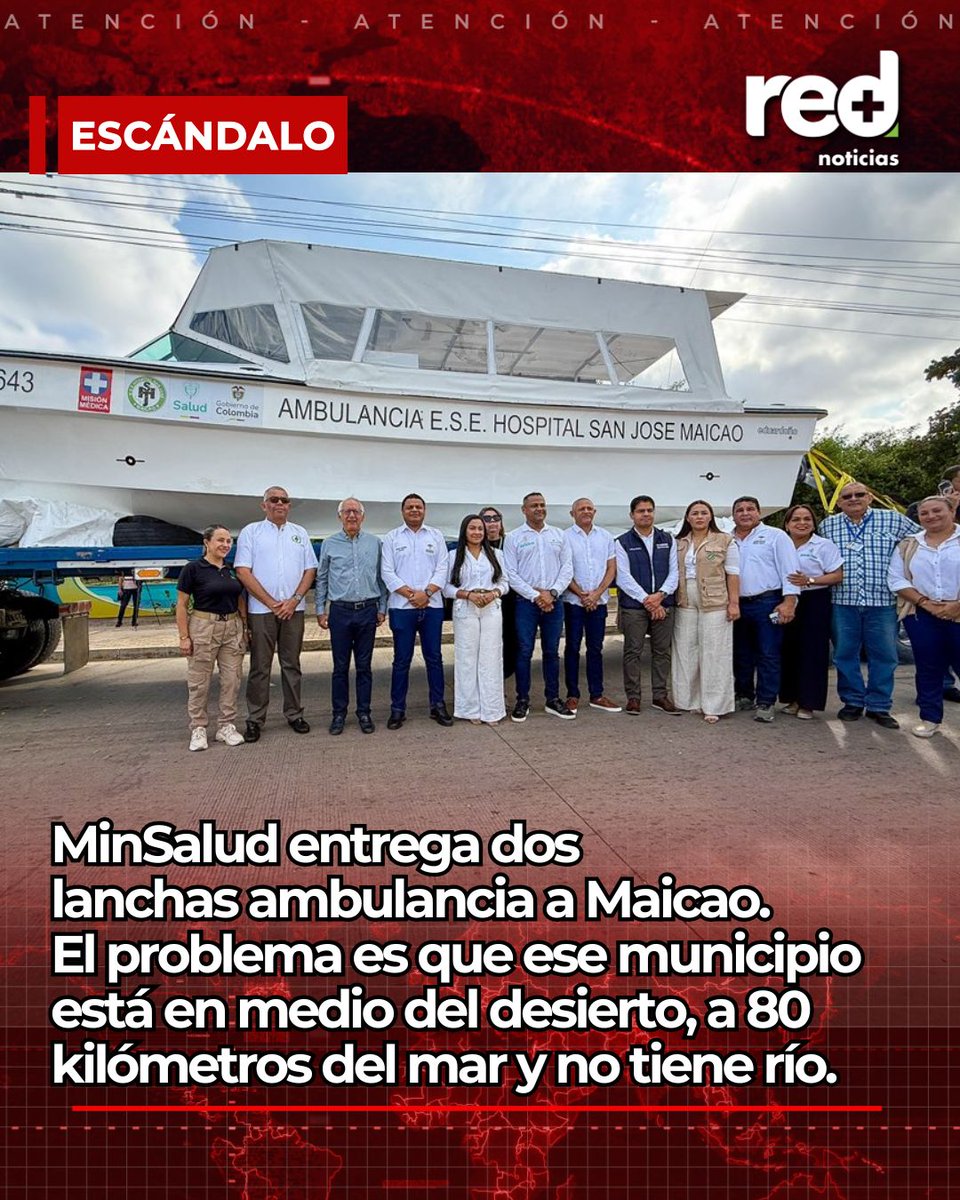 RedMasNoticias's tweet image. #ATENCIÓN | Escándalo: MinSalud entrega dos lanchas ambulancia a Maicao. El problema es que ese municipio está en medio del desierto, a 80 kilómetros del mar y no tiene río.