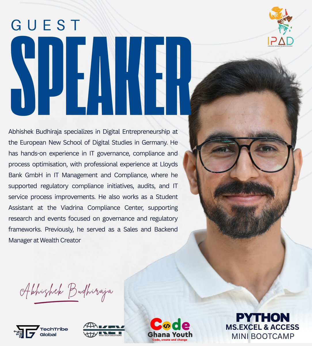 TechTribeGlobal's tweet image. 🤖TECHTRIBE GLOBAL🤖

Meet our Guest speaker, Mr Abishek Budhiraja.

You can't afford to miss this, let's make a date!✨

Date: 8th, 15th and 22nd February 2025

Venue: Google meet

Let's learn and grow together!

TECHTRIBE GLOBAL ©️