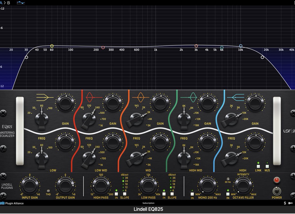 thebrashley's tweet image. For a vintage mastering vibe, reduce lows around 30 Hz and taper highs up to 15 kHz. I'm using the Lindell EQ 825 to roll off highs near 18 kHz while adding slight resonance at 30 Hz on my high-pass filter. Tailor this to your track's style! #MusicProduction #MasteringTips