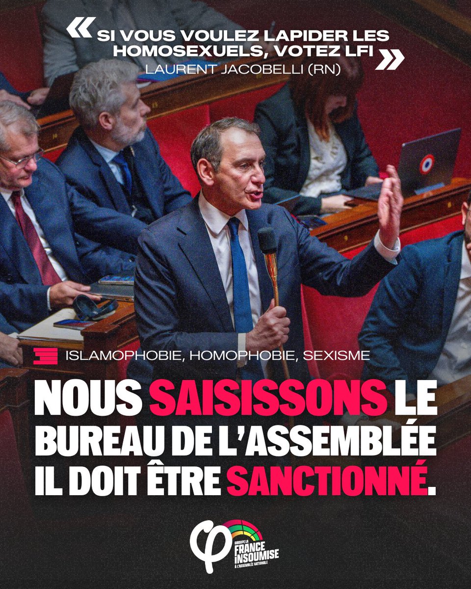 FiAssemblee's tweet image. 🔴⚡️ Nous avons immédiatement saisi le bureau de l'Assemblée nationale contre l'odieux Laurent Jacobelli du RN et ses propos islamophobes, homophobes et sexistes en Hémicycle.

Mais Yaël Braun-Pivet préfère attendre le 18 février, elle qui l'avait pourtant immédiatement convoqué…