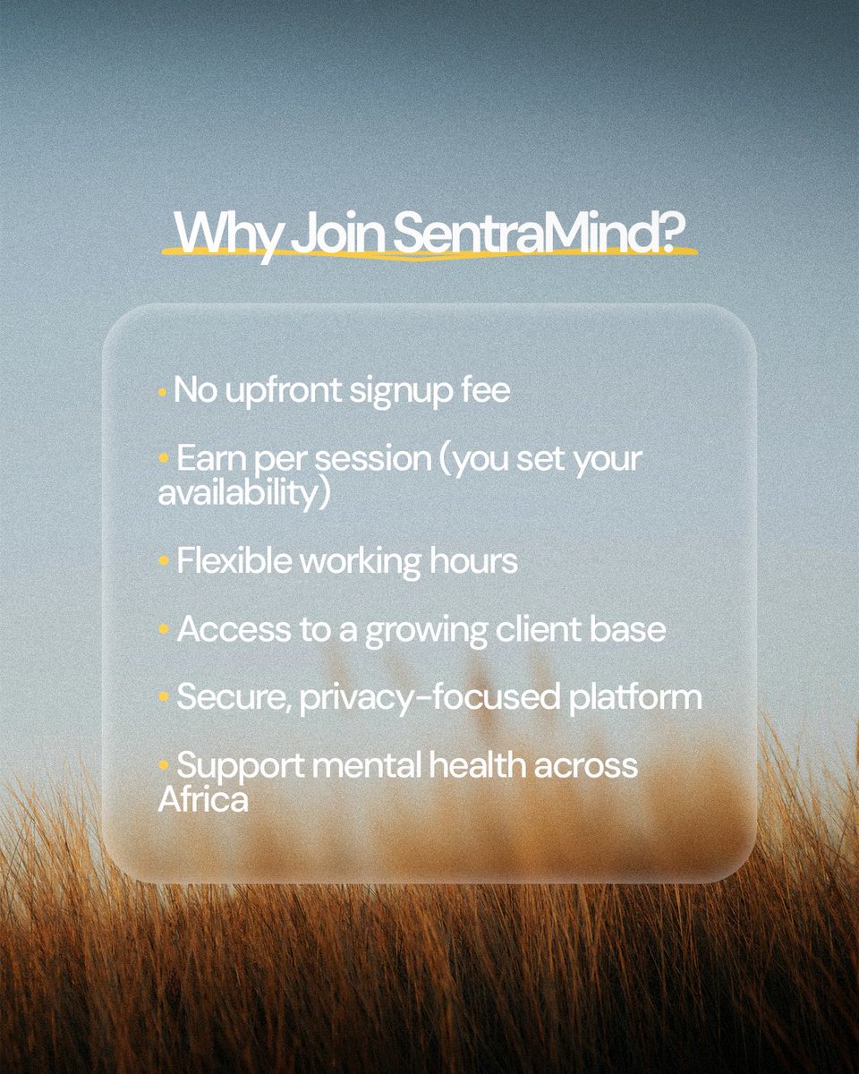 sentramind1's tweet photo. Are you a licensed mental health professional passionate about impact?
Join the Sentramind Therapist Network and help us make quality mental healthcare accessible across Africa. 🌱

Your skills. Your compassion. A wider reach.
#sentramind #MentalHealthAwareness https://t.co/hwoy7zo4iR