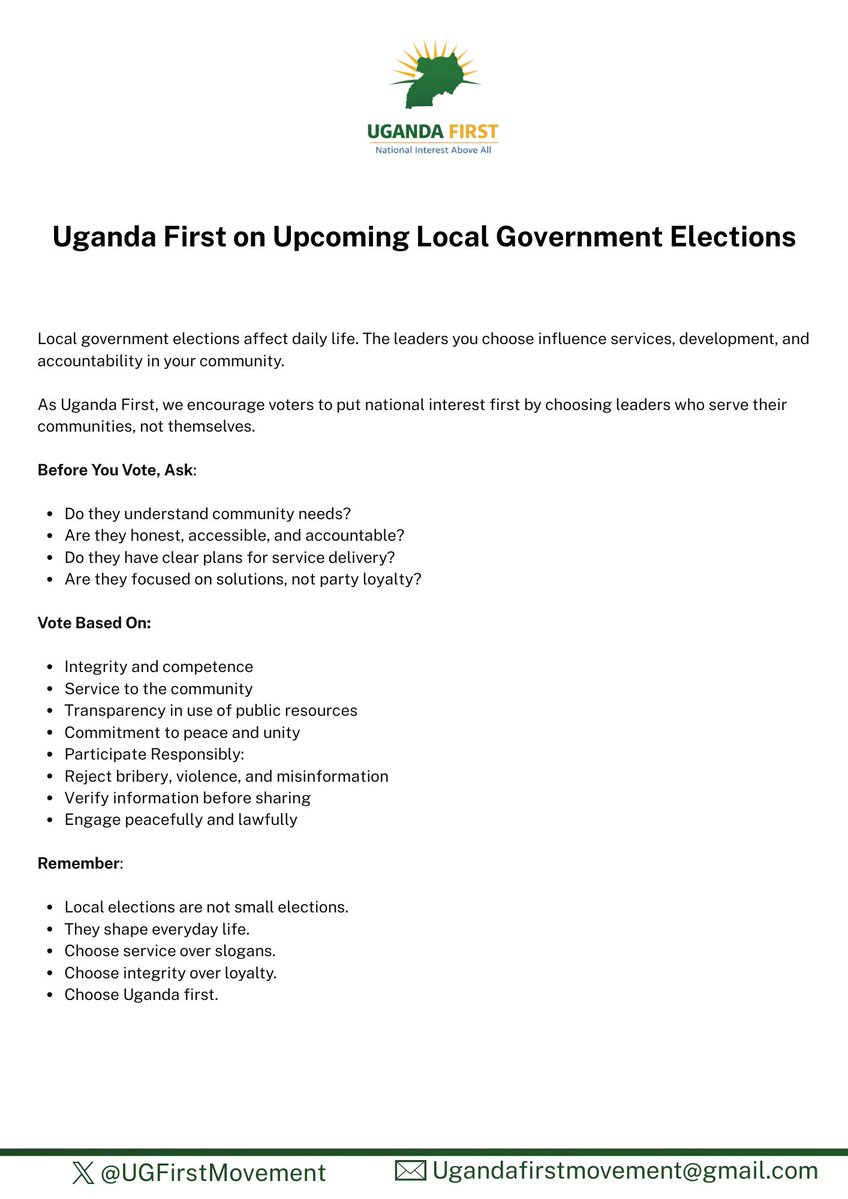 UGFirstMovement's tweet image. Local elections shape daily life in your community.  Know your candidates, vote based on integrity and service, and make your voice count. Your participation matters, choose Uganda first. 🇺🇬