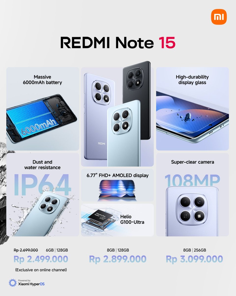 XiaomiIndonesia's tweet image. The wait is over, the toughest REDMI Note ever is here 🔥🔥

#REDMINote15Series siap nemenin setiap aktivitas kamu dengan desain slim dan perlindungan water &amp;amp; dust resistance hingga IP69K. Mau dipakai seharian, di kondisi apa pun? Pastinya #AlwaysReady doong nemenin kamu!!

Sudah