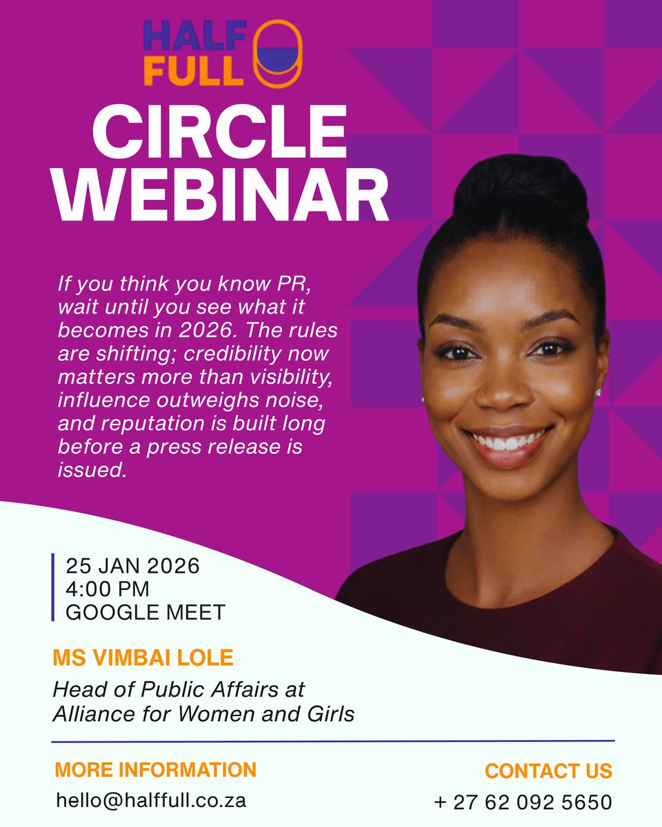 Halffull_X's tweet image. If you think you know PR, wait until you see what it becomes in 2026.

This Sunday, Half Full Circle members are invited to an exclusive webinar exploring how public relations is evolving; from visibility-driven tactics to credibility, trust, and leadership-led communication.
