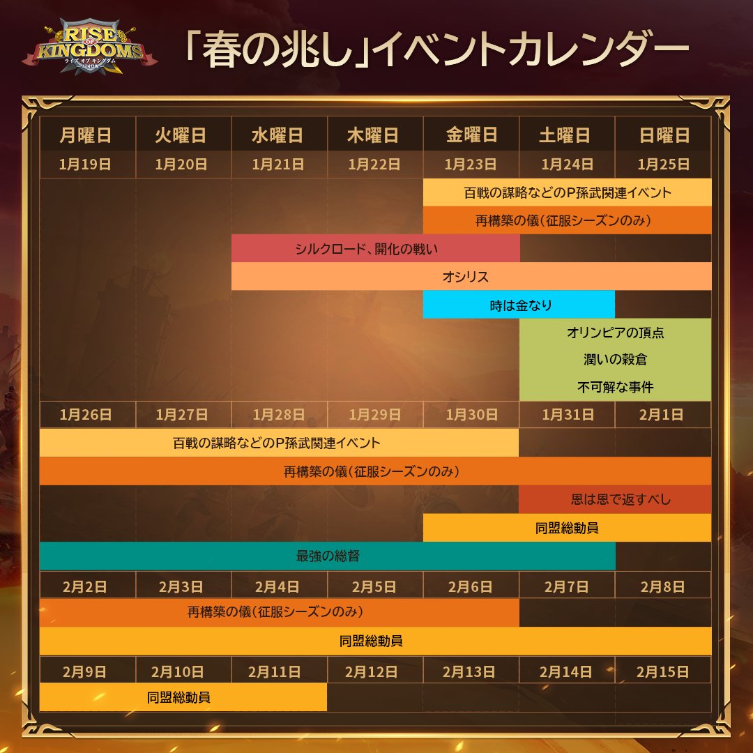 RoK_Japan's tweet image. \「春の兆し」イベントカレンダー公開！/

気になるイベントを見逃さないよう、
ぜひチェックしてください！🔍

※各イベントの具体的な開催期間は、ゲーム内でご確認ください。

#ライキン