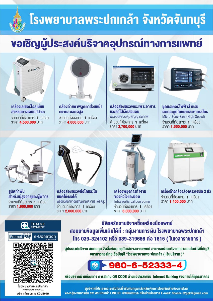 ขอเชิญท่านผู้มีจิตศรัทธาร่วมบริจาคสมทบทุนจัดซื้อเครื่องมือแพทย์ จัดซื้อวัสดุ ครุภัณฑ์ทางการแพทย์กับทางโรงพยาบาลพระปกเกล้า จังหวัดจันทบุรี สามารถร่วมบริจาคทางออนไลน์ได้ที่บัญชี

ธนาคารกรุงไทย 
เลขบัญชี 980-6-52333-4
ชื่อบัญชี โรงพยาบาลพระปกเกล้า 

หรือบริจาคผ่านช่องทาง การสแกน QR