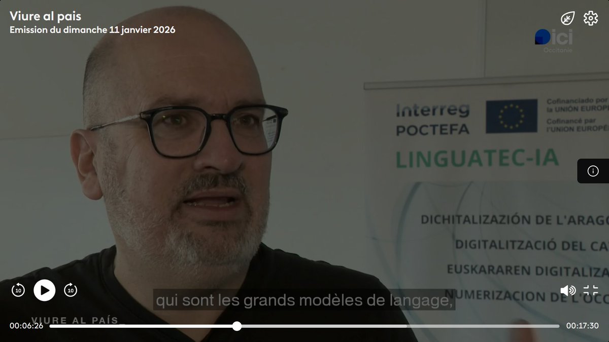 📽️[#FR] Reportage de l'émission "Viure al país" sur l'IA et l'occitan. 
📽️[#OC] reportatge de l'emission "Viure al País" tà çò de l'IA e l'occitan.  

🔗france3-regions.franceinfo.fr/occitanie/prog…

 #occitan #IA #LinguatecIA
<a href="/locongres/">Lo Congrès</a> #UniversitedeTolouse <a href="/paraulasenoc/">Aure Séguier</a>