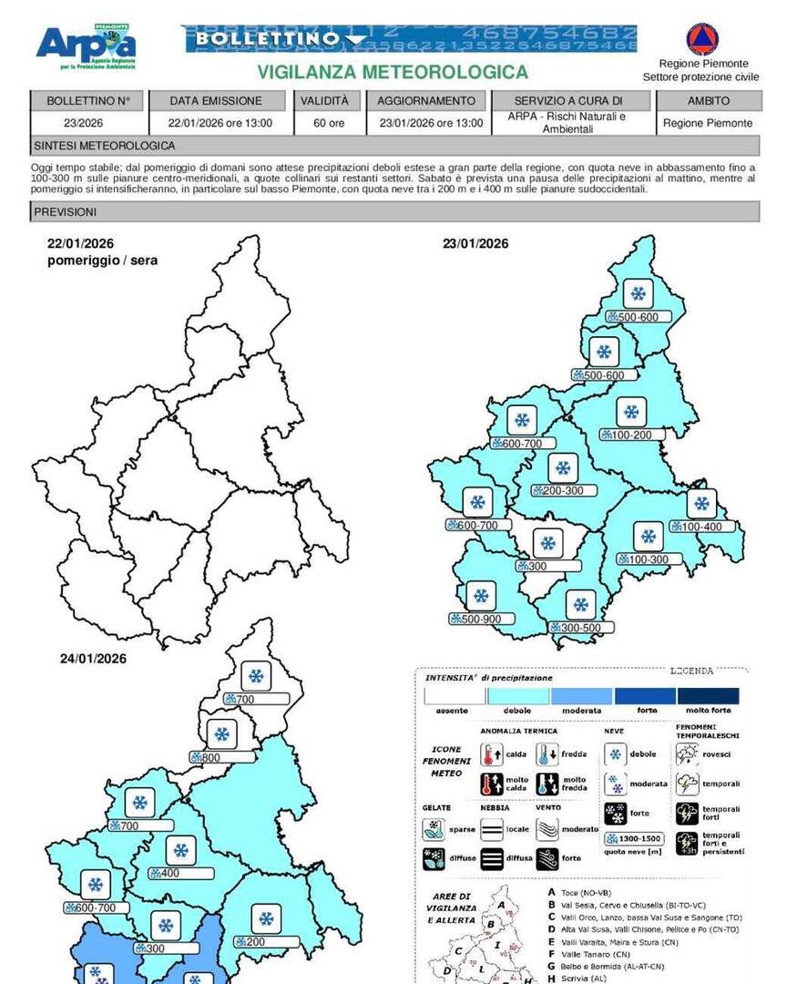 PCProvAL's tweet image. #VigilanzaMeteorologica di #ArpaPiemonte 
Emissione del 22Gennaio 2026 
Oggi tempo stabile; dal pomeriggio di domani sono attese precipitazioni deboli estese a gran parte della regione, con quota #neve in abbassamento fino a
100-300 m sulle pianure centr… instagr.am/p/DTz4h14DL6b/