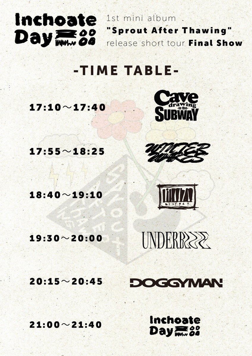 【NEXT⚡︎】
いよいよ今週末❤️‍🔥
2026.1.24 (Sat)
Inchoate Day presents
1st Mini Album
“Sprout After Thawing”
 Release Short Tour – Final Show
<a href="/BuzzFront/">BuzzFront YOKOHAMA</a> 

OPEN / START 
ADV / DOOR 
フライヤー参照

w/
Winter Wakes
Doggyman
UNDERBLUE
lilyray
Cavedrawing in the Subway