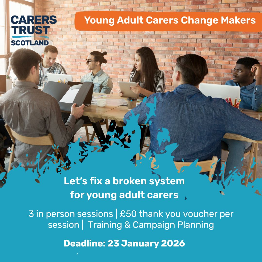 CarersTrustScot's tweet image. 🌟 Young Adult Carers in Scotland – we need YOU! 🌟

Join our YAC Change Makers Group to share your voice, influence decisions &amp;amp; create positive change.
✅ Limited spaces – sign up now!
👉 bit.ly/496DfUQ – Fill in form
#YoungAdultCarers #ChangeMakers #Scotland