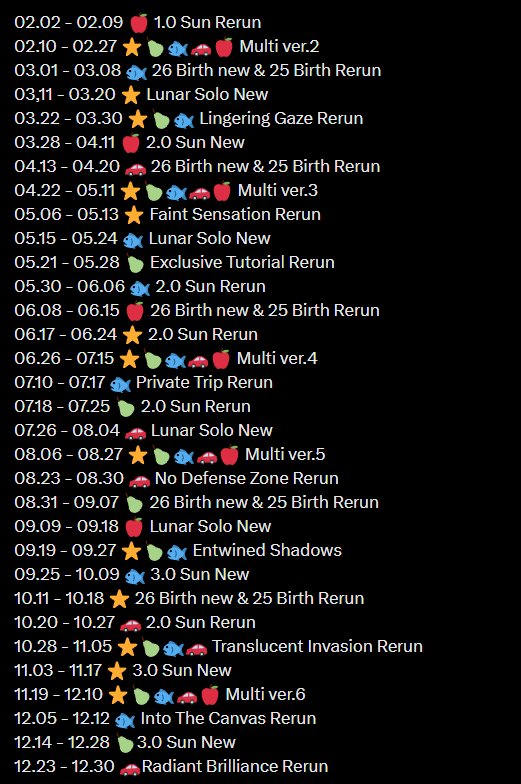 I translated the 2026 schedule I found on Little Red Book (XHS) into English. Please note that English is not my first language, so there might be some translation errors.

Also, please keep in mind that this is a fan-predicted schedule based on player speculation, not an