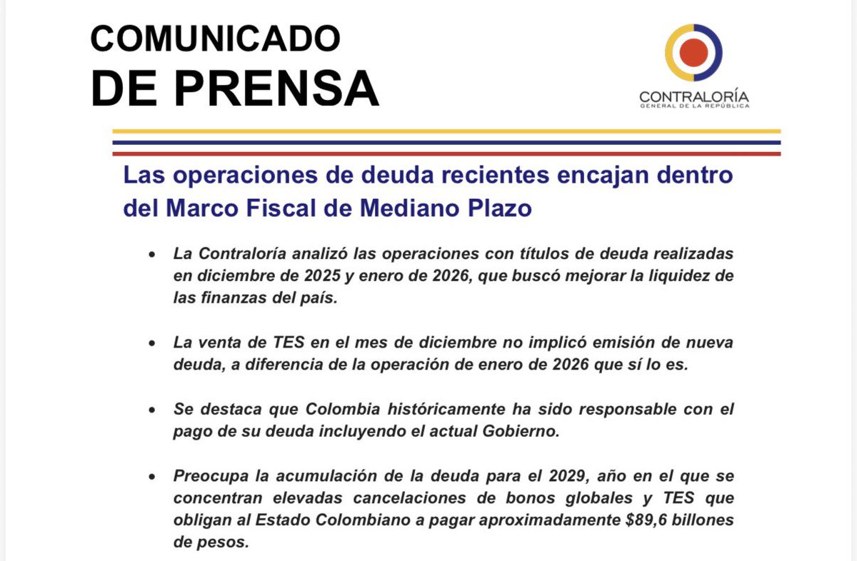🚨Revisamos las operaciones de deuda realizadas en diciembre de 2025 y enero de 2026 y confirmamos que cumplieron la ley y el Marco Fiscal de Mediano Plazo. 

📌La venta de TES B (Título de Tesorería) por $23,24 billones buscó fortalecer la liquidez del Gobierno ante bajos