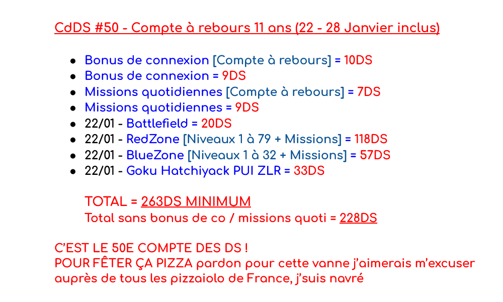 AxelSLT's tweet photo. COMPTE DES DS - Compte à rebours des 11 ans !! (Du 22 au 28 Janvier inclus) #DokkanBattle #CdDS 

Pour fêter le 50è compte des DS vous vous abonnez tous, on fait comme ça ? Super ! Merci la team !

(faites-le pitié j'suis en perte de vitesse le mec qui tente le tout pour le tout) https://t.co/UosLigIVlE