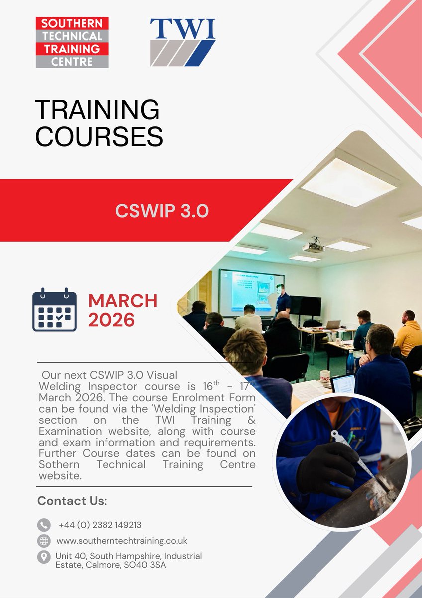 SouthernTechTC's tweet photo. CSWIP 3.0 Visual Welding Inspector Course 🛠️
📅 16-17 March 2026
📍 Southern Technical Training Centre
Enrol via TWI Training &amp; Examination – Welding Inspection section.
More dates available on our website. https://t.co/VBvzbkNsCq