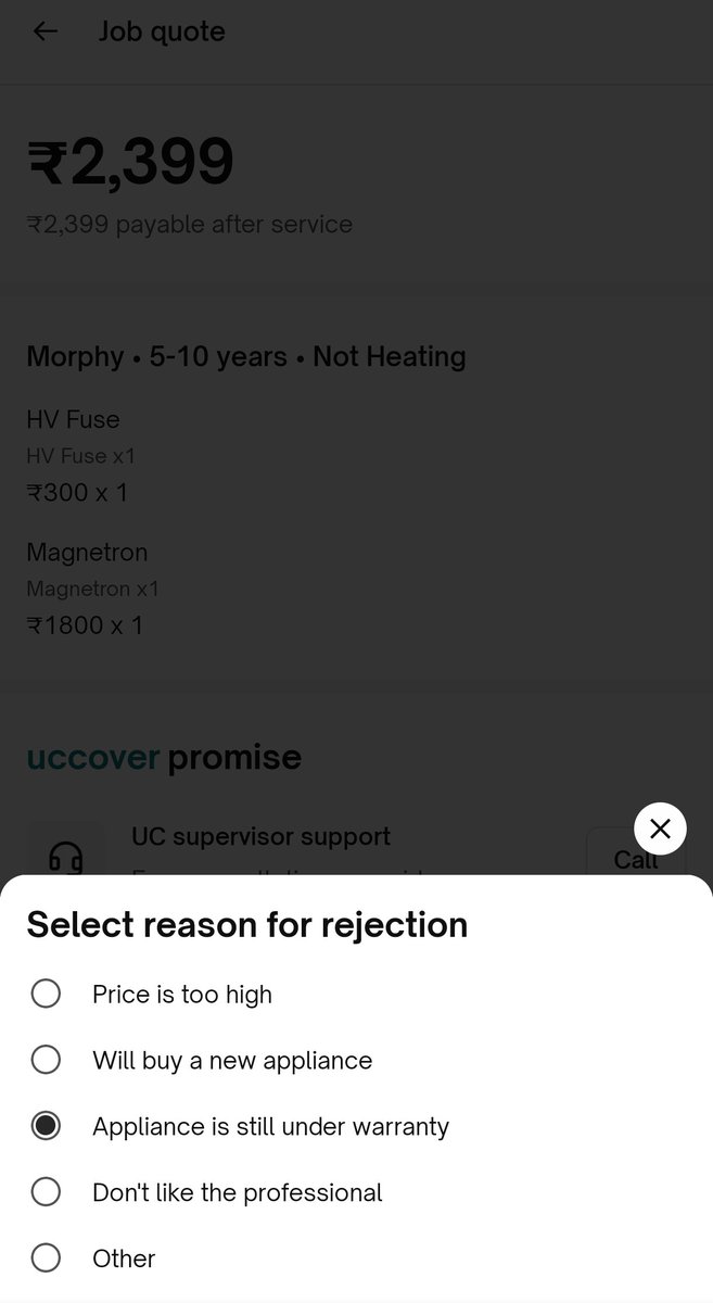 How Urban Company is Looting you 🤯

⏰6th Jan: UC rep came->Microwave repair
💸Paid ₹2018
🚫Microwave malfunctioning in few days 😲

⏰22nd Jan
📱Raised Warranty Claim in-app (6 months)
🧑‍🔧Mechanic visited &amp; now new bill ₹2399 😲
❌I immediately rejected the Estimate
📈Mechanic