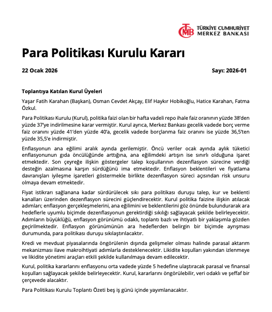 quantafin's tweet photo. Merkez Bankası'ndan "Temkinli İndirim" Kararı: Faiz %37'ye İndi

Merkez Bankası Para Politikası Kurulu bugün toplandı ve piyasaların merakla beklediği #faiz kararını açıkladı. İşte metinden yapılması gereken "satır arası" teknik çıkarımlar:

1. Piyasanın "Erken Zafer" Havasına Soğuk Duş
Piyasa 150 bp beklerken Banka'nın 100 bp yapması, metindeki şu kısımla doğrudan ilişkilidir:

"Enflasyon beklentileri ve fiyatlama davranışları iyileşme işaretleri göstermekle birlikte dezenflasyon süreci açısından risk unsuru olmaya devam etmektedir."

Çıkarım: Banka piyasaya şunu söylüyor: "Siz enflasyonun bittiğine inanıp 150 bp fiyatladınız ama biz sahadaki fiyatlama davranışlarında (etiketlerde) hala sizin kadar iyimser değiliz." O verilmeyen 50 bp, fiyatlama davranışlarındaki bozukluğa karşı tutulan sigortadır.

2. Ocak Verisinden "Korkulduğu" Tescillendi
Piyasa muhtemelen Ocak ayındaki gıda kaynaklı artışı tamamen göz ardı edip (look-through) 150 bp bekliyordu. Ancak Banka 100 bp ile yetinerek metindeki şu ifadeyi eyleme dökmüş oldu:

"Öncü veriler ocak ayında aylık tüketici enflasyonunun gıda öncülüğünde arttığına..."

Çıkarım: TCMB, "Manşet enflasyonun zıpladığı bir ayda, beklendiği kadar (150 bp) cömert olamam" mesajı verdi. Bu, Banka'nın veri hassasiyetinin piyasanın sandığından daha yüksek olduğunu gösterir. Yani "trend düşüyor nasılsa" diyip geçici artışları tamamen yok saymıyorlar.

3. TL'yi Koruma Refleksi (Kur Üzerindeki Baskıyı Hafifletme)
150 bp indirim, TL üzerindeki faiz kalkanını daha hızlı inceltecekti. Beklentiden daha az (100 bp) indirim yapılması, metindeki şu gizli amaca hizmet eder:

"Fiyat istikrarı sağlanana kadar sürdürülecek sıkı para politikası duruşu..."

Çıkarım: Banka, "reel faizi" piyasanın beklediğinden daha yüksek tutarak TL varlıklara olan ilgiyi (carry trade girişlerini veya yerleşiklerin dövize kaçmamasını) korumak istemiştir. Beklentinin altında indirim, kısa vadede döviz kuru üzerindeki yukarı yönlü baskıyı törpüler.

4. Tahvil Piyasasına "Aşırı Gevşemeyin" Ayarı
Piyasa 150 bp bekliyorsa, tahvil faizlerini muhtemelen buna göre önceden düşürmüştü. Banka 100 bp yaparak tahvil oyuncularını "ters köşe" yaptı.

Çıkarım: Banka, piyasa faizlerinin politika faizinden çok daha hızlı aşağı gitmesinden rahatsız. Bu hamleyle piyasa faizlerinin (kredi ve mevduat faizlerinin) yapışkan kalmasını ve finansal koşulların erken gevşemesini engellemek istiyor.

5. Kredibilite Yönetimi: "Benim Hızıma Uyacaksınız"
Piyasa genelde Merkez Bankalarını zorlar ve daha fazla indirim ister. TCMB'nin konsensüsün (150 bp) altında (100 bp) kalması bir güç gösterisidir.

Çıkarım: Banka, "Piyasa beni yönlendiremez, veriler beni yönlendirir" diyerek otoritesini pekiştirmiştir. Metindeki "ihtiyatlı" kelimesinin altı, verilmeyen o 50 baz puanla doldurulmuştur.

Özetle: 
Beklenti 150 iken gelen 100 bp indirim; metindeki "Ocak ayı enflasyon artışı" ve "fiyatlama davranışlarındaki riskler" ifadelerinin laf olsun diye yazılmadığını, Banka'nın bu riskler nedeniyle fren pedalına piyasadan daha yakın durduğunu kanıtlar.