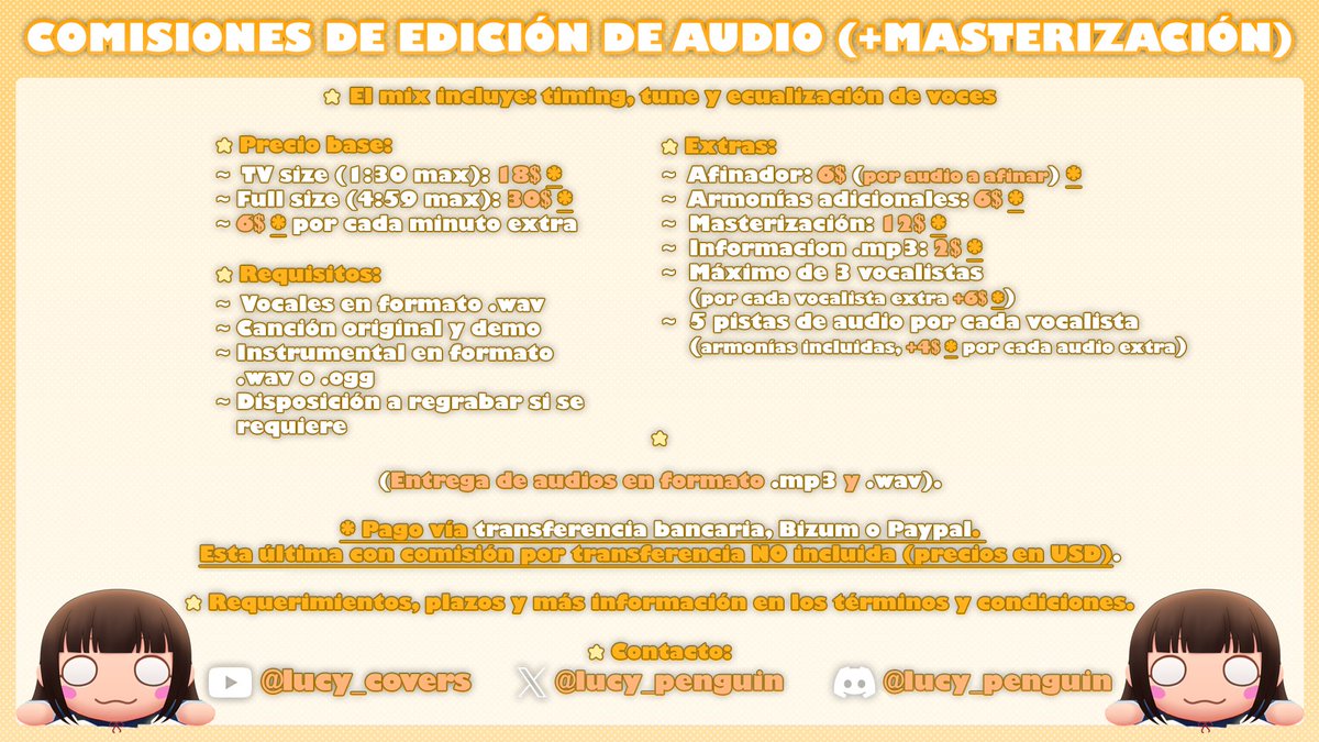 lucy_penguin's tweet photo. ¡COMISIONES DE ADAPTACIÓN (+DEMO Y ARMONÍAS) Y EDICIÓN DE AUDIO (+MASTERIZACIÓN) ABIERTAS!
Ejemplos de ambos en el tweet agregado~
❤️&🔁 para difundir
#comision #opencomission #mix #mixandmaster #vtuberES #vsingerES #vtuber #mixer https://t.co/y8TSgcTPuh