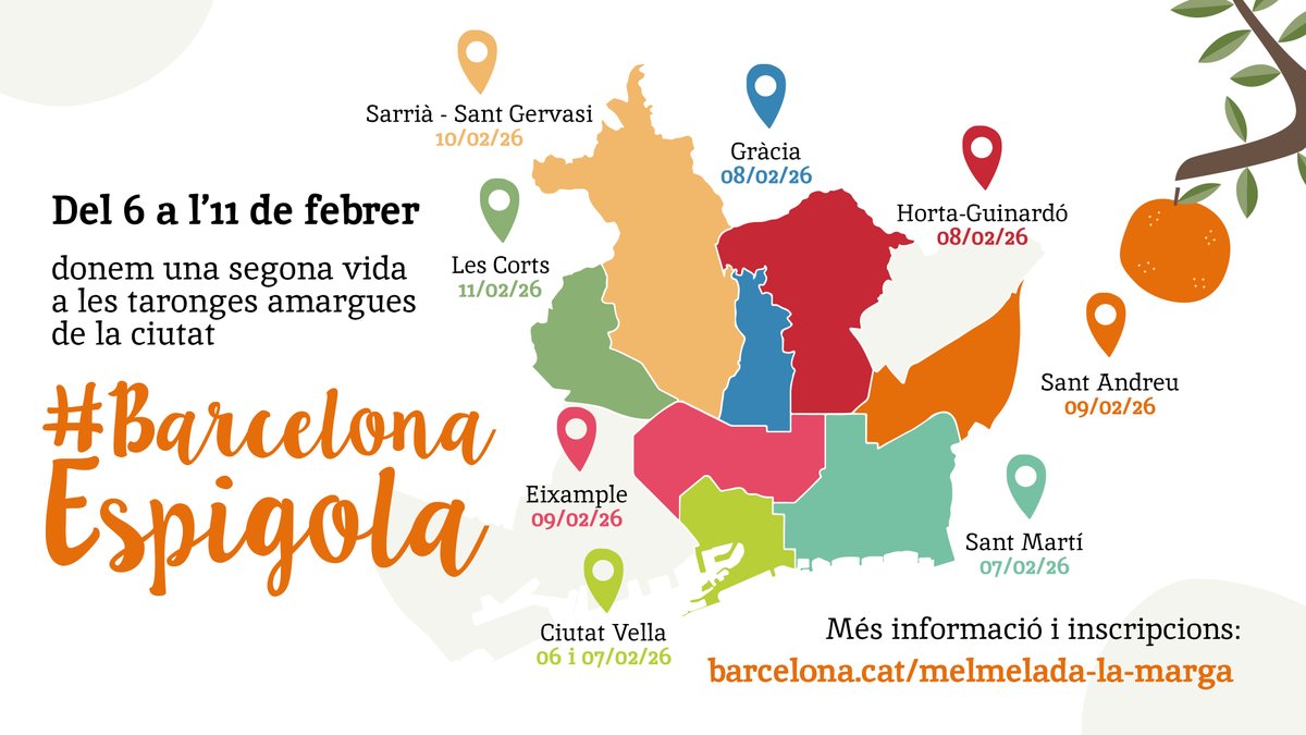 Torna #BarcelonaEspigola!🎉

Del 6 a l’11 de febrer serem als carrers de <a href="/Bcn_Gracia/">BCN Gràcia</a>, <a href="/BCN_LesCorts/">Les Corts</a>, <a href="/Bcn_SantMarti/">Districte de Sant Martí</a>, <a href="/Bcn_CiutatVella/">Districte de Ciutat Vella</a>, <a href="/BCN_SantAndreu/">BCN_SantAndreu</a>, <a href="/Bcn_Eixample/">BcnEixample</a>, <a href="/bcn_hg/">Horta-Guinardó</a> i @bcn_SSTG per donar una segona vida a les taronges amargues de la ciutat!

Impulsa: <a href="/barcelona_cat/">Barcelona</a>
