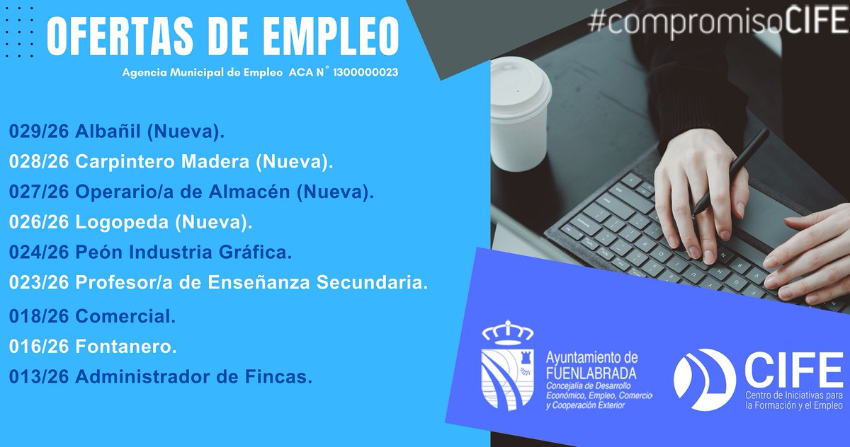 🎯 OFERTAS DE EMPLEO DESTACADAS – FUENLABRADA
📅 Actualizado: 22 enero 2026
📢 Si estás buscando empleo, aquí te compartimos las nuevas #OfertasEmpleo que tenemos en estos momentos en la Agencia de Colocación #CIFE del #AyuntamientoFuenlabrada.👇
cife.ayto-fuenlabrada.es/OfertasListado/