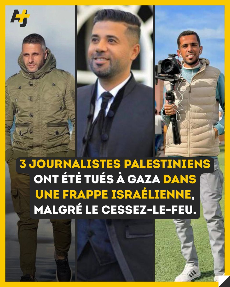 ajplusfrancais's tweet image. Au moins 11 Palestinien·nes ont été tué·es mercredi 21 janvier à Gaza par l’armée israélienne. Parmi eux, 3 journalistes qui se trouvaient dans un véhicule clairement identifié comme appartenant au Comité égyptien de secours.