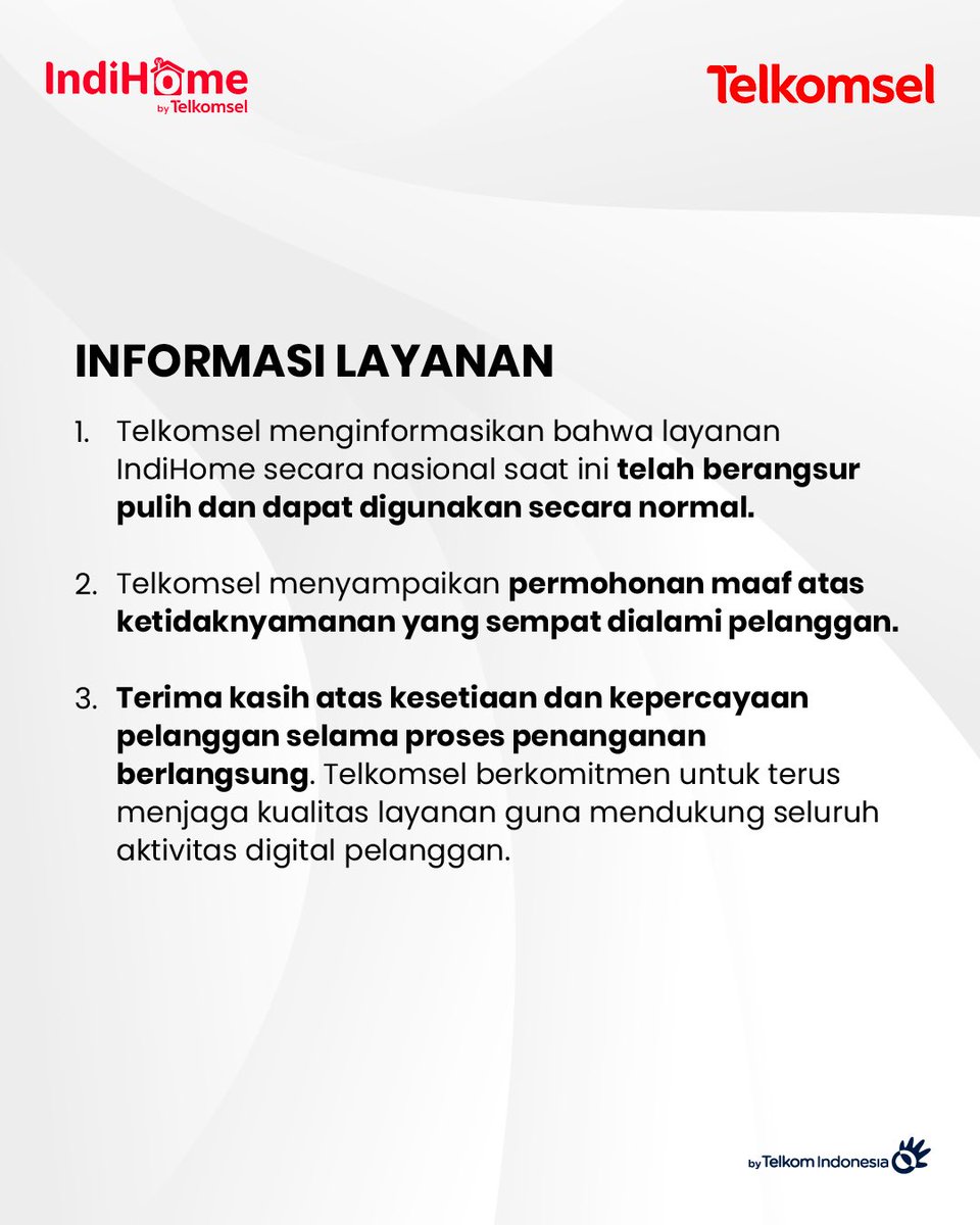 IndiHome's tweet image. Saat ini layanan IndiHome sudah berangsur pulih dan dapat digunakan dengan normal.

Terima kasih atas kesetiaan dan kepercayaan pelanggan selama proses penanganan gangguan berlangsung.

Untuk informasi lebih lanjut, pelanggan dapat menghubungi Call Center 188 atau kanal resmi…