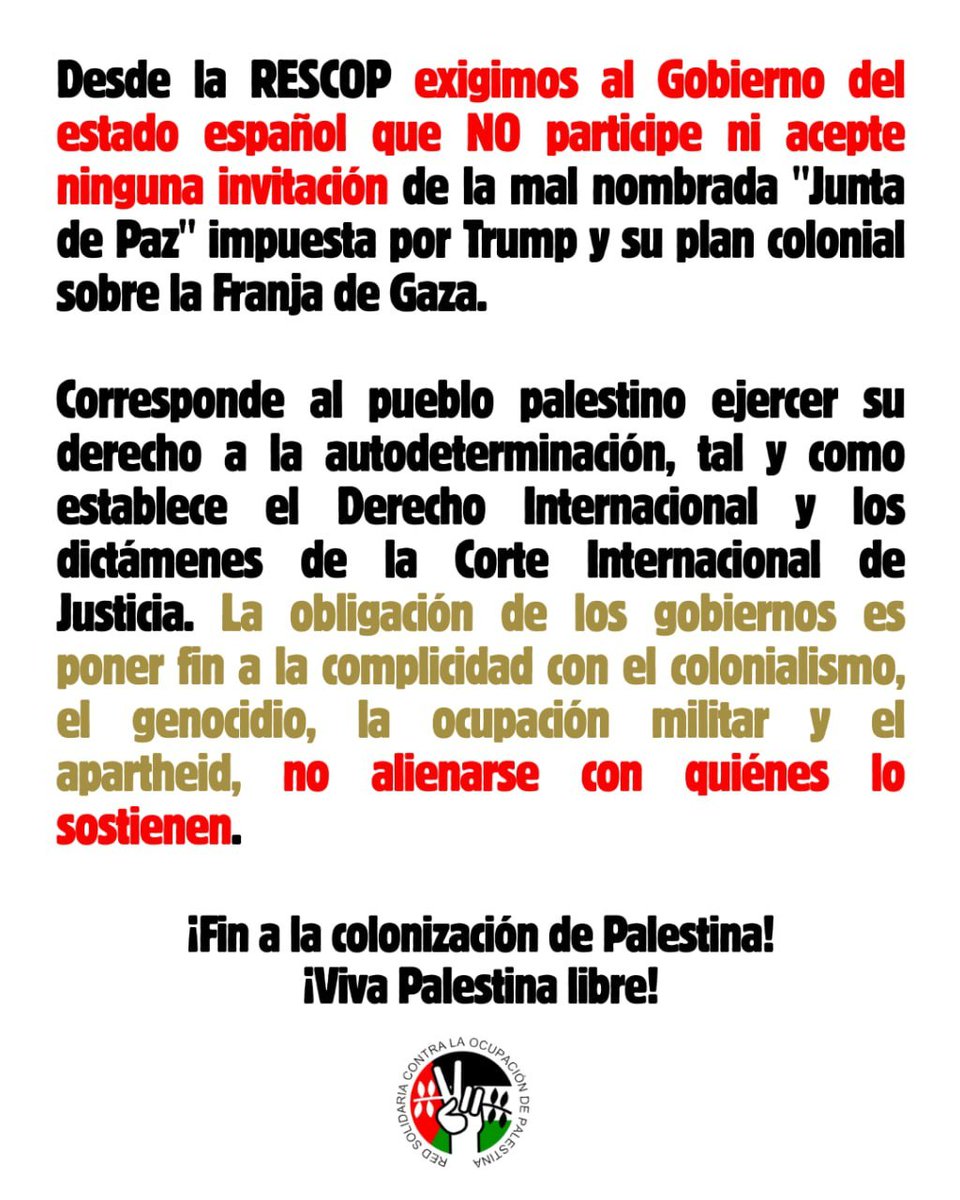 🔴 Es extremadamente grave que <a href="/desdelamoncloa/">La Moncloa</a> se plantee formar parte de la “Junta de Paz” impuesta por Trump y su plan colonial sobre la Franja de Gaza.
Supone violar OTRA VEZ el Derecho Internacional. 
Lo que debe hacer el Gobierno español es romper las relaciones con Israel!